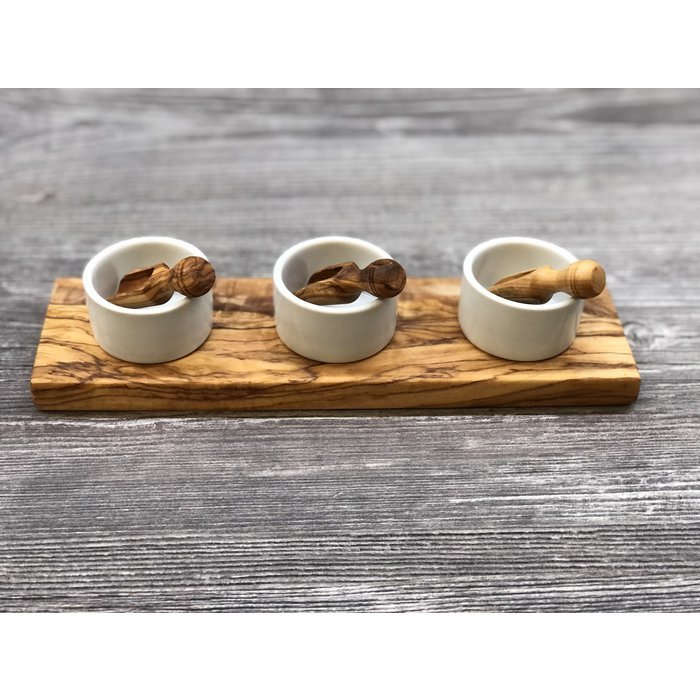 Prieskonių trio ant alyvmedžio padėklo „7in1“, Keramika, Alyvmedis – Paveikslėlis 3