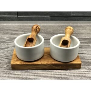 Dviejų dalių druskinė su druskos kastuvėliu „FANO2“, Porcelianas, Alyvmedis